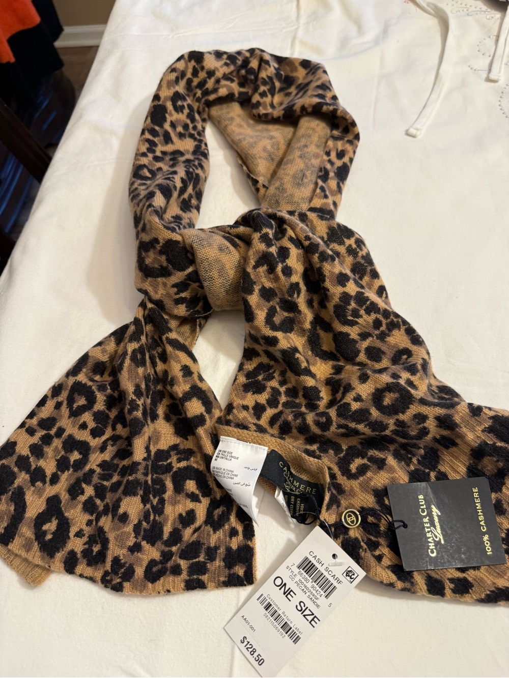 Charter Club Leopard Print Cashmere Scarf in Tan and Black